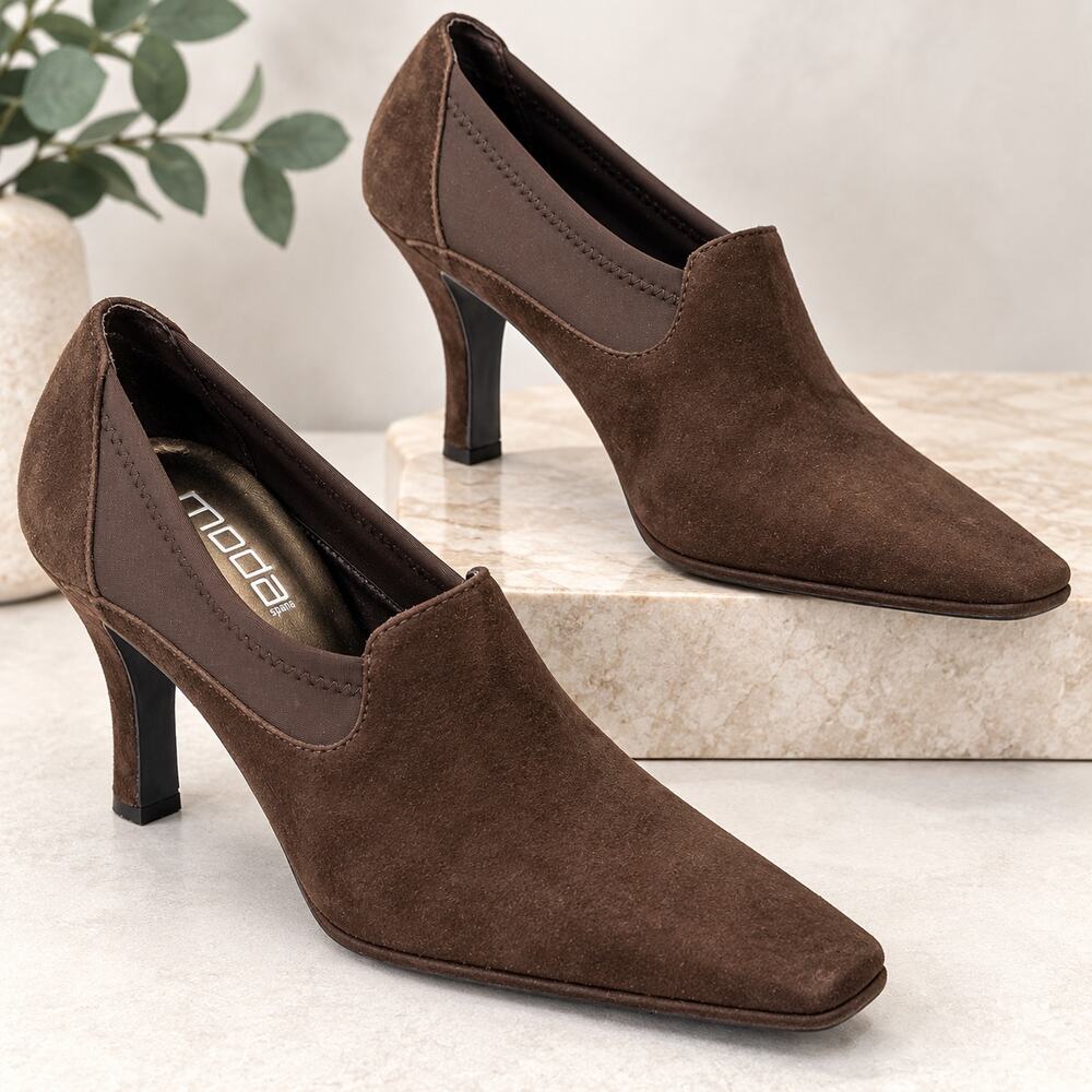 Vintage 90s Moda Spana Brown Suede Shooty Heels Square Toe Women’s 8M